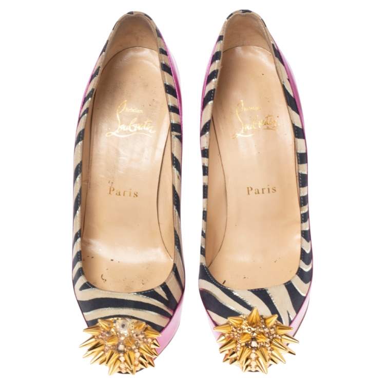 Pre Owned Christian Louboutin Pink Zebra Print Suede And Patent Leather Limited Edition Asteroid Spike Pumps Size 36
