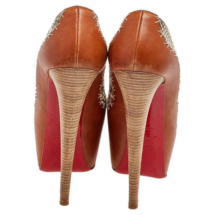 Pre Owned Christian Louboutin Brown Python And Leather Daffodile Platform Pumps Size 38