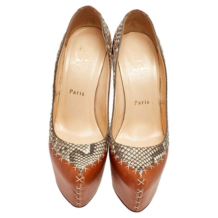 Pre Owned Christian Louboutin Brown Python And Leather Daffodile Platform Pumps Size 38