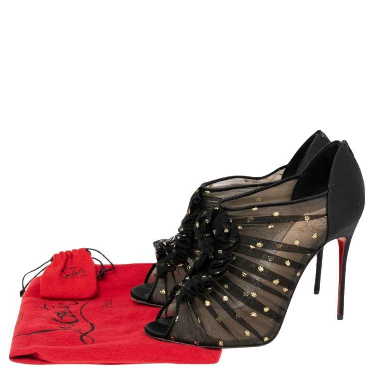 Pre Owned Christian Louboutin Black Satin  Ruffled Peep Toe Booties Size 40.5