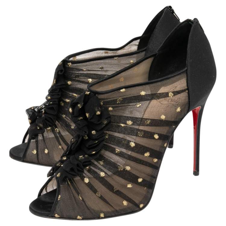 Pre Owned Christian Louboutin Black Satin  Ruffled Peep Toe Booties Size 40.5