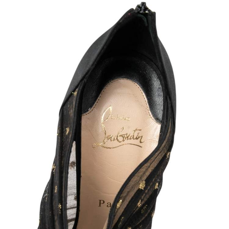 Pre Owned Christian Louboutin Black Satin  Ruffled Peep Toe Booties Size 40.5