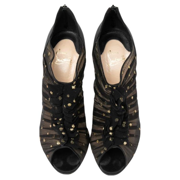 Pre Owned Christian Louboutin Black Satin  Ruffled Peep Toe Booties Size 40.5