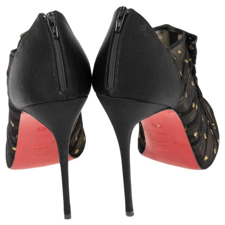 Pre Owned Christian Louboutin Black Satin  Ruffled Peep Toe Booties Size 40.5