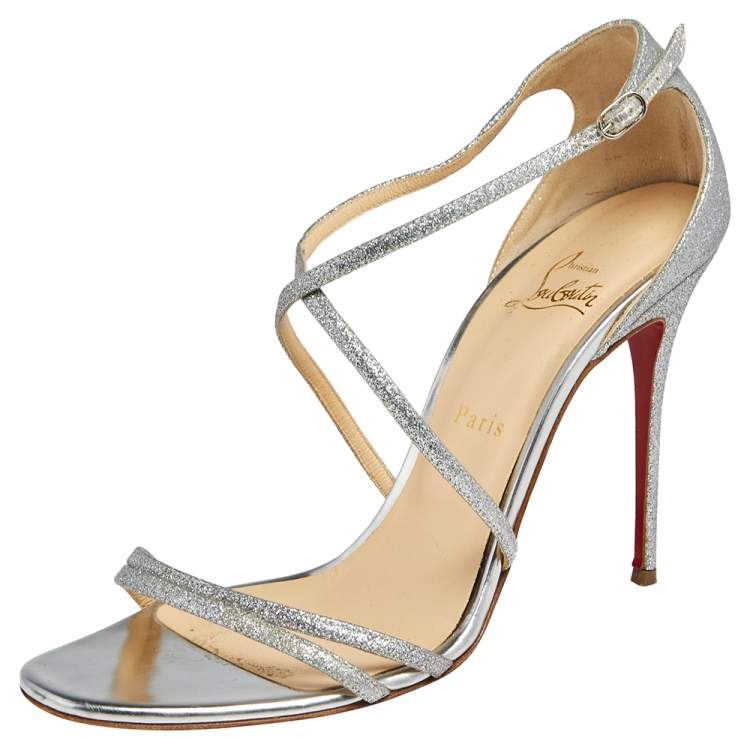Christian Louboutin Silver Glitter Gwynitta Open Toe Sandals Size 41 ...