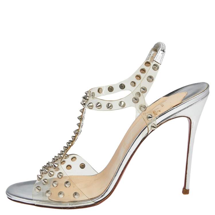 Christian Louboutin Beige Studded Leather and PVC Ankle Tie