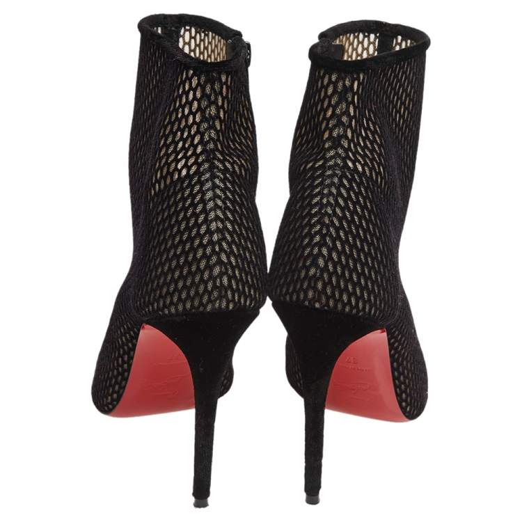 Pre Owned Christian Louboutin Black Suede And Mesh Zipper Detail Ankle Boots Size 37