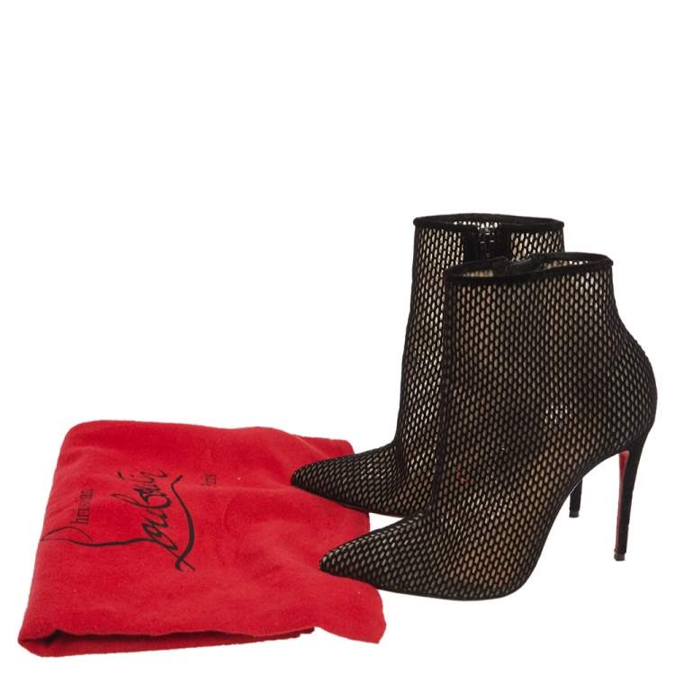 Pre Owned Christian Louboutin Black Suede And Mesh Zipper Detail Ankle Boots Size 37