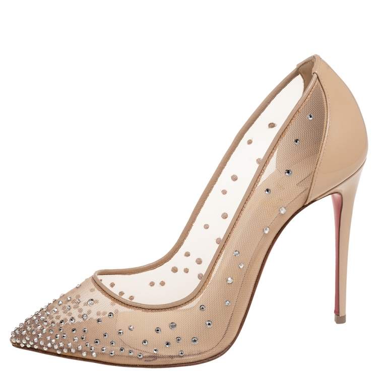 Christian Louboutin Beige Mesh And Patent Leather Follies Strass Pumps Size  36.5 Christian Louboutin