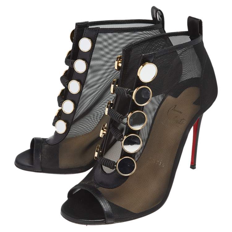 Pre Owned Christian Louboutin Black Mesh And Leather Marita Booties Size 36.5