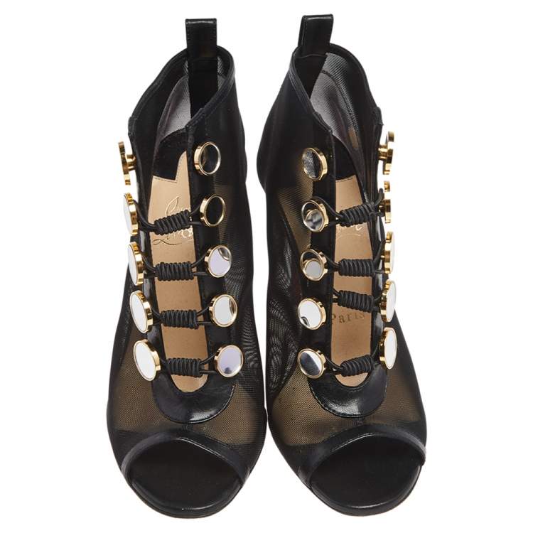 Pre Owned Christian Louboutin Black Mesh And Leather Marita Booties Size 36.5