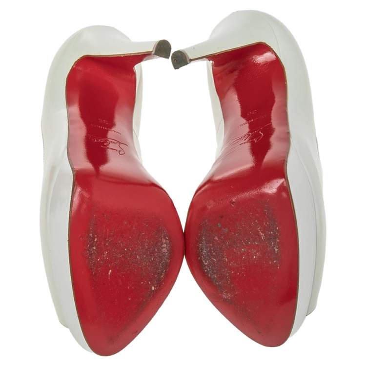 Pre Owned Christian Louboutin White Patent Leather Lady Peep Platform Pumps Size 35