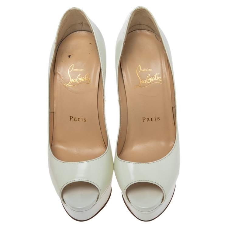 Pre Owned Christian Louboutin White Patent Leather Lady Peep Platform Pumps Size 35