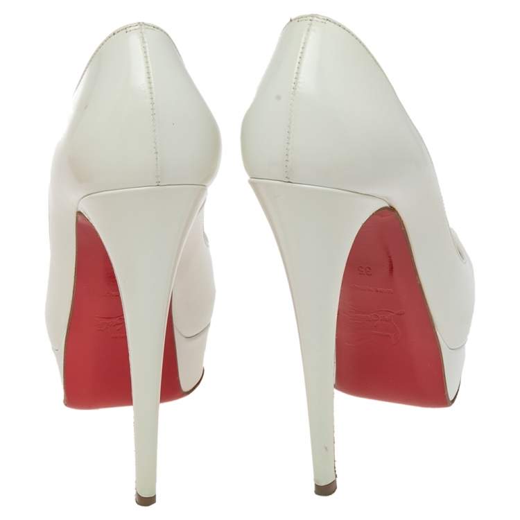 Pre Owned Christian Louboutin White Patent Leather Lady Peep Platform Pumps Size 35