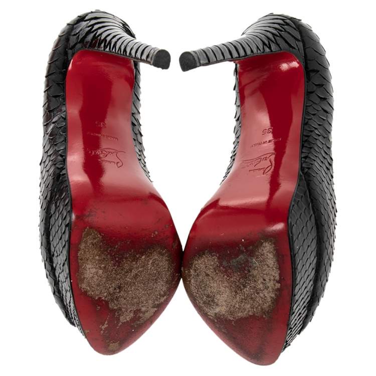 Pre Owned Christian Louboutin Black Python Lady Peep Toe Platform Pumps Size 35