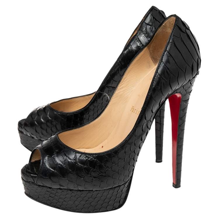 Pre Owned Christian Louboutin Black Python Lady Peep Toe Platform Pumps Size 35
