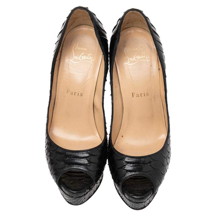 Pre Owned Christian Louboutin Black Python Lady Peep Toe Platform Pumps Size 35