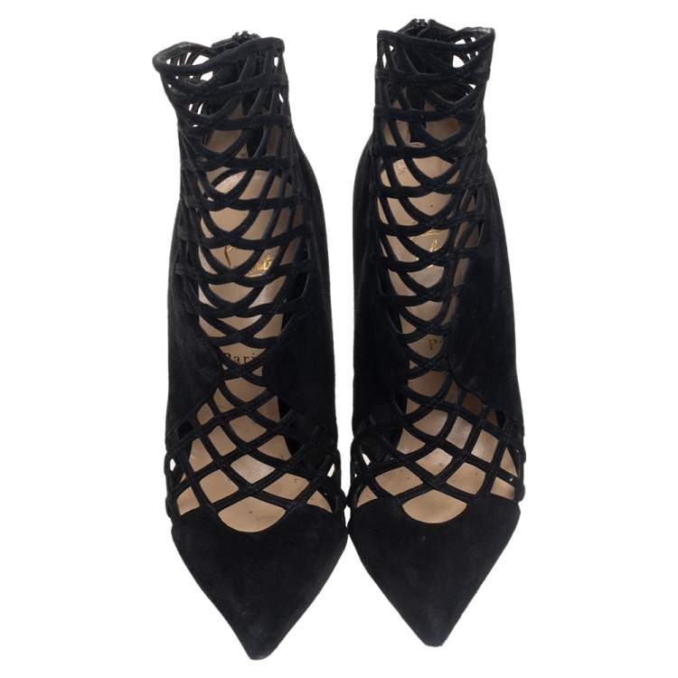 Pre Owned Christian Louboutin Black Suede Mrs Bouglione Cage Ankle Boots Size 41