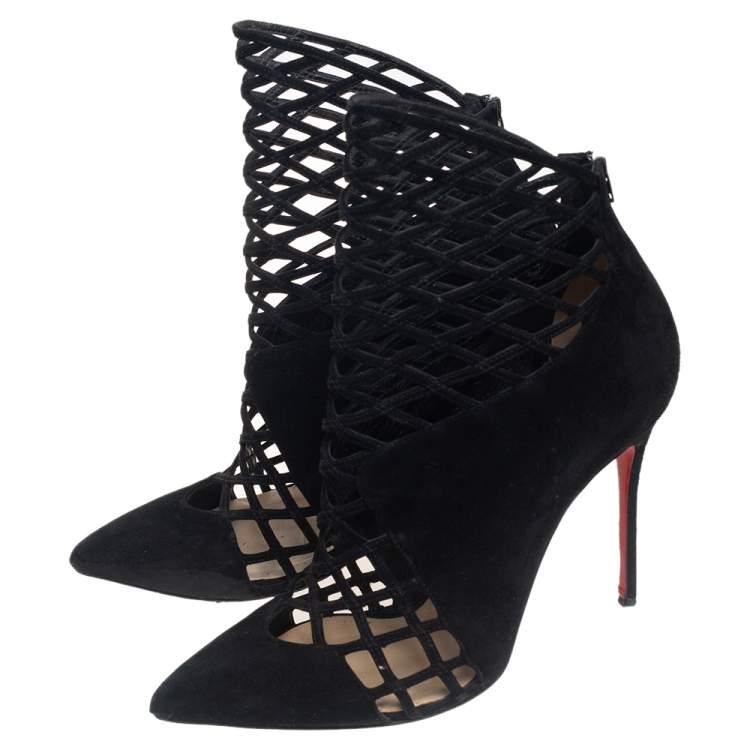 Pre Owned Christian Louboutin Black Suede Mrs Bouglione Cage Ankle Boots Size 41