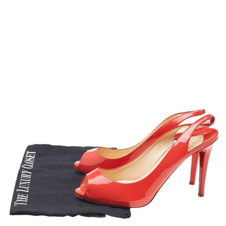 Pre Owned Christian Louboutin Orange Patent Leather Peep Toe Sling Back Sandals Size 38