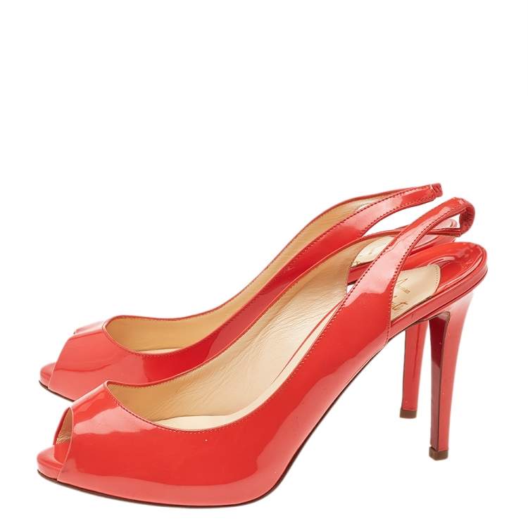 Pre Owned Christian Louboutin Orange Patent Leather Peep Toe Sling Back Sandals Size 38