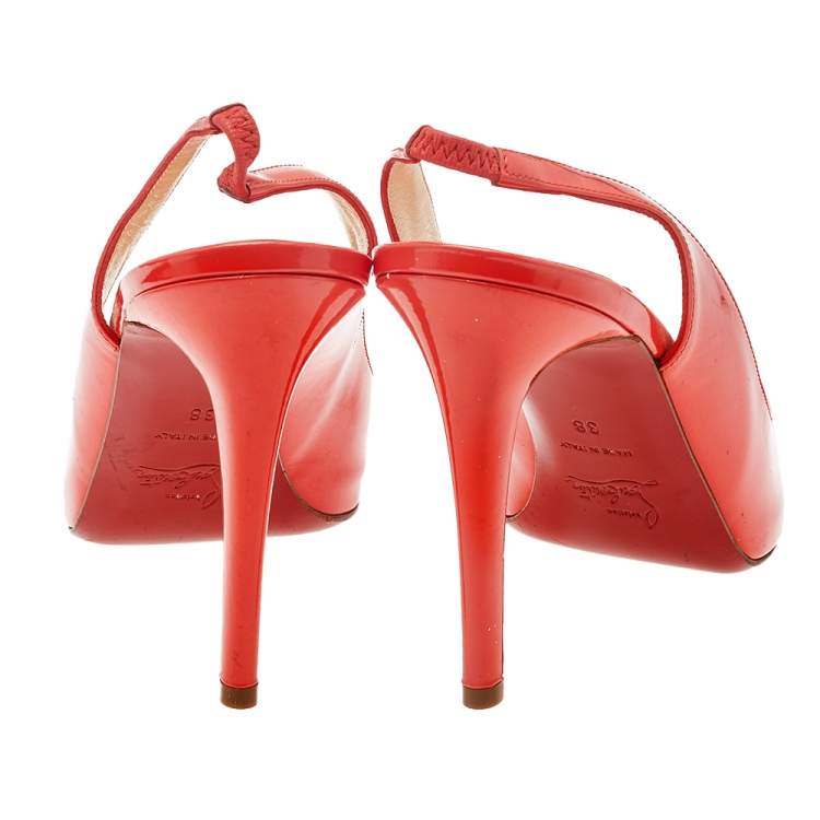 Pre Owned Christian Louboutin Orange Patent Leather Peep Toe Sling Back Sandals Size 38