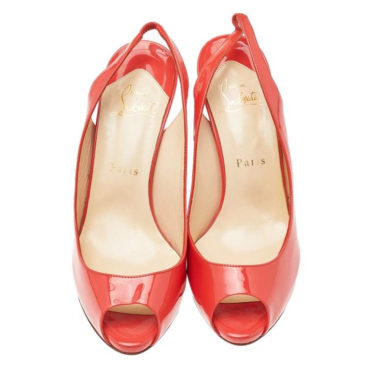Pre Owned Christian Louboutin Orange Patent Leather Peep Toe Sling Back Sandals Size 38