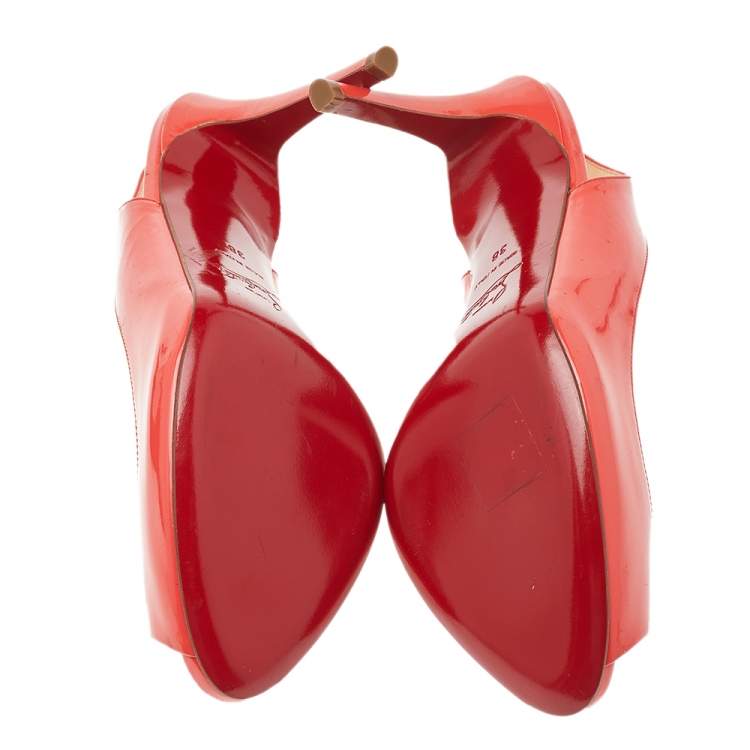 Pre Owned Christian Louboutin Orange Patent Leather Peep Toe Sling Back Sandals Size 38