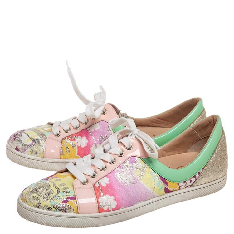 Pre Owned Christian Louboutin Multicolor Floral Printed Fabric, and Patent Leather Tissu Kyoto Flamingirl Low Top Sneakers Size 40