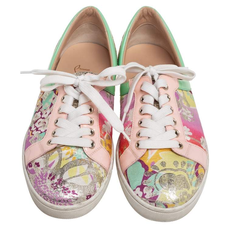 Pre Owned Christian Louboutin Multicolor Floral Printed Fabric, and Patent Leather Tissu Kyoto Flamingirl Low Top Sneakers Size 40