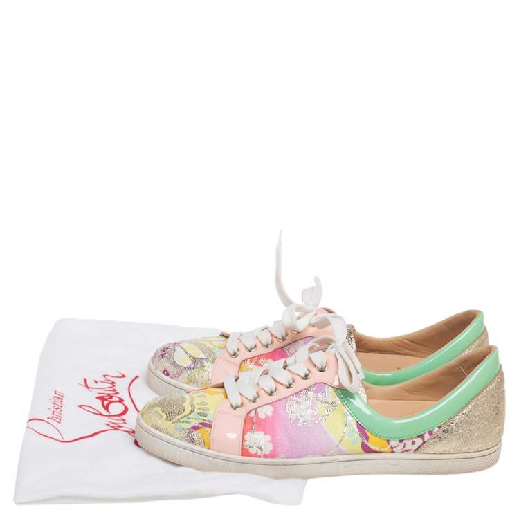 Pre Owned Christian Louboutin Multicolor Floral Printed Fabric, and Patent Leather Tissu Kyoto Flamingirl Low Top Sneakers Size 40