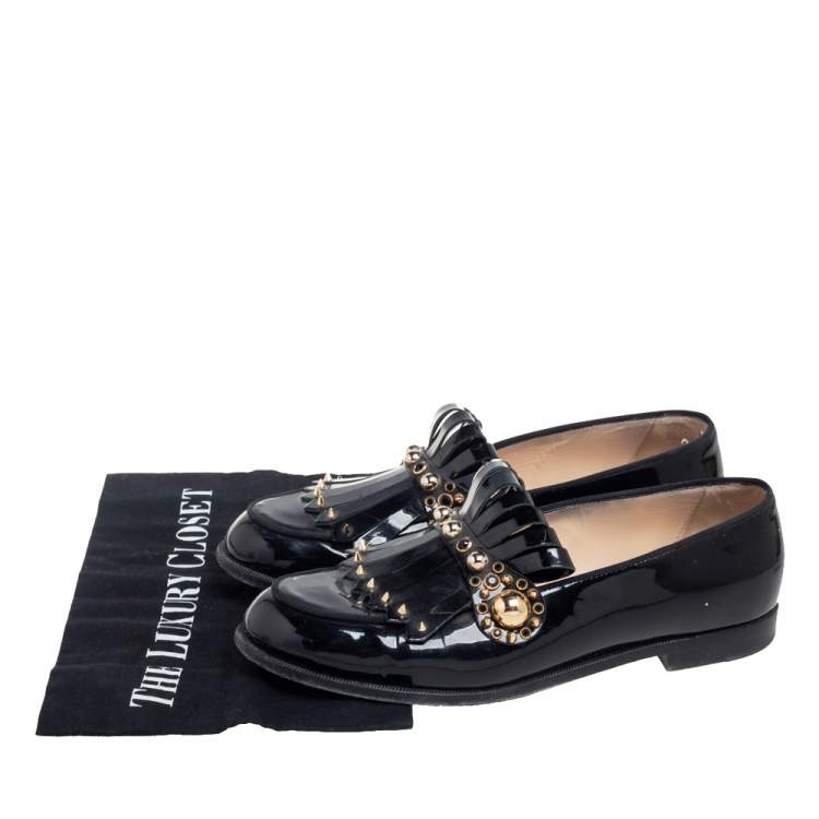 Pre Owned Christian Louboutin Black Patent Leather Octavian Bolla Fringe Loafers Size 39