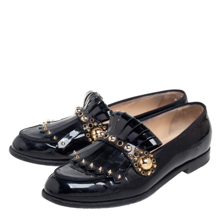 Pre Owned Christian Louboutin Black Patent Leather Octavian Bolla Fringe Loafers Size 39