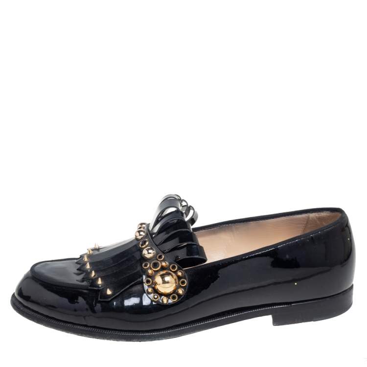 Pre Owned Christian Louboutin Black Patent Leather Octavian Bolla Fringe Loafers Size 39
