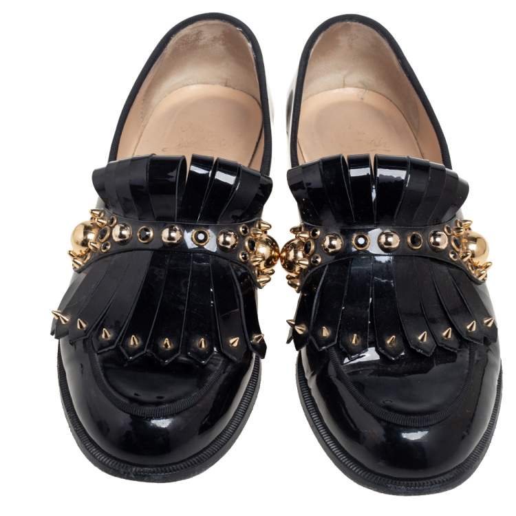 Pre Owned Christian Louboutin Black Patent Leather Octavian Bolla Fringe Loafers Size 39