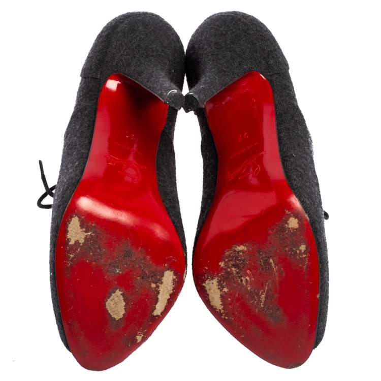 Pre Owned Christian Louboutin Grey Lace Up Flannel Lady Derby120mm Ankle Booties Size 37