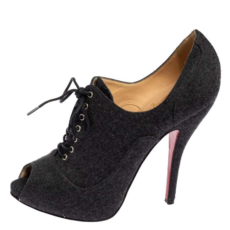 Pre Owned Christian Louboutin Grey Lace Up Flannel Lady Derby120mm Ankle Booties Size 37