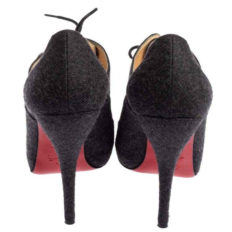 Pre Owned Christian Louboutin Grey Lace Up Flannel Lady Derby120mm Ankle Booties Size 37