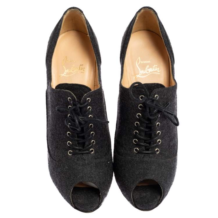 Pre Owned Christian Louboutin Grey Lace Up Flannel Lady Derby120mm Ankle Booties Size 37