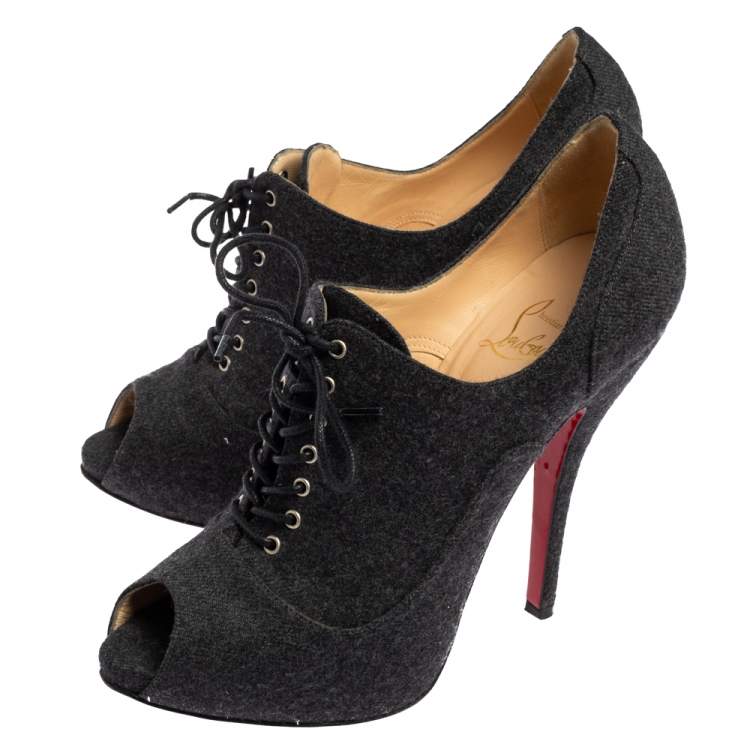 Pre Owned Christian Louboutin Grey Lace Up Flannel Lady Derby120mm Ankle Booties Size 37