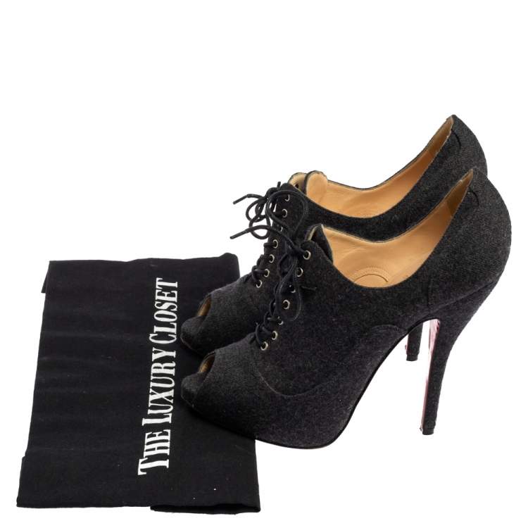 Pre Owned Christian Louboutin Grey Lace Up Flannel Lady Derby120mm Ankle Booties Size 37