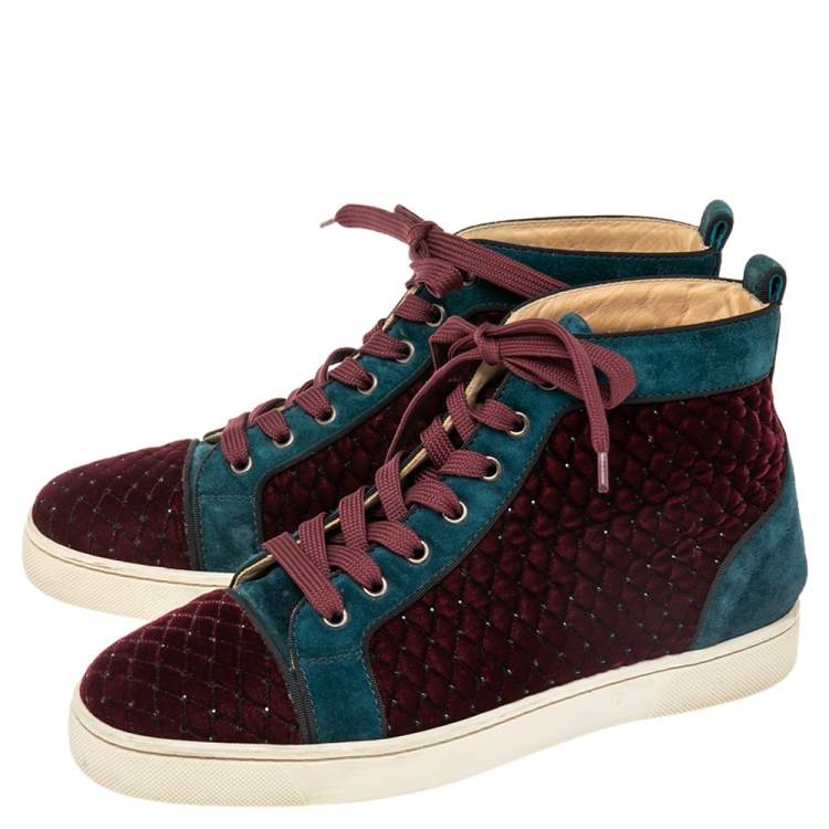 Pre Owned Christian Louboutin Red/Green Velvet And Suede Louis Orlato High Top Sneakers Size 40 