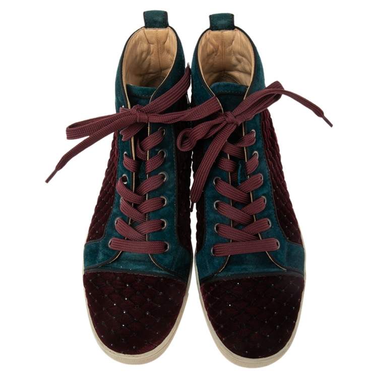 Pre Owned Christian Louboutin Red/Green Velvet And Suede Louis Orlato High Top Sneakers Size 40 