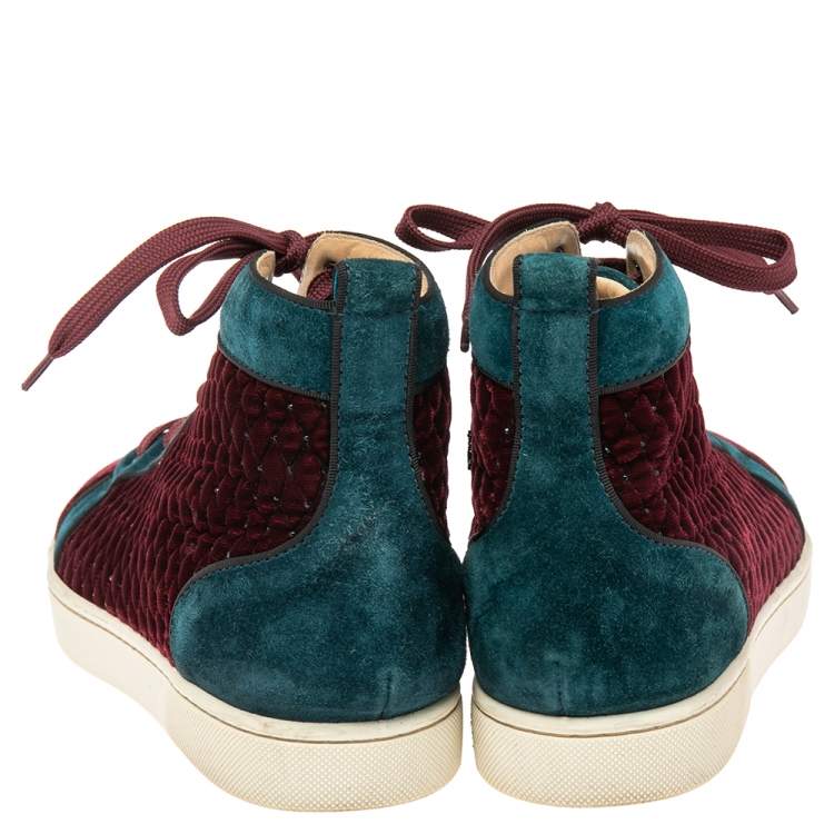 Pre Owned Christian Louboutin Red/Green Velvet And Suede Louis Orlato High Top Sneakers Size 40 