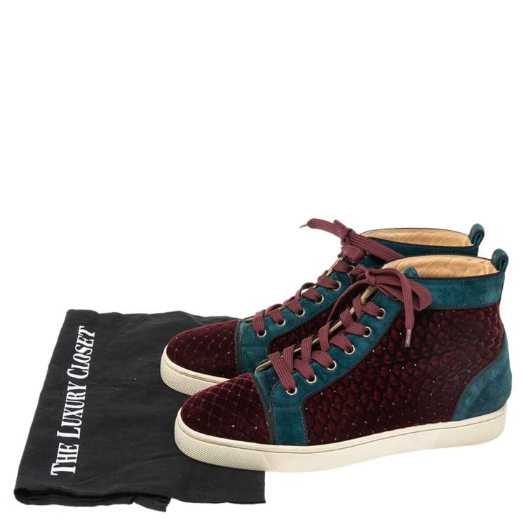 Pre Owned Christian Louboutin Red/Green Velvet And Suede Louis Orlato High Top Sneakers Size 40 