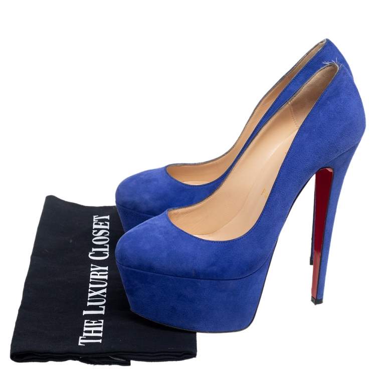 Pre Owned Christian Louboutin Blue Suede Victoria Platform Pumps Size 38.5