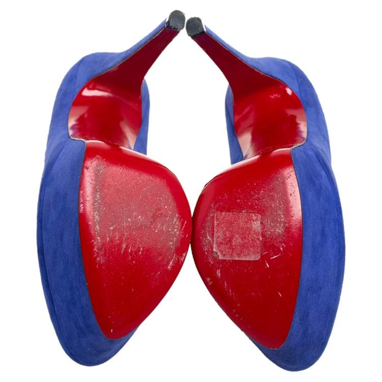 Pre Owned Christian Louboutin Blue Suede Victoria Platform Pumps Size 38.5