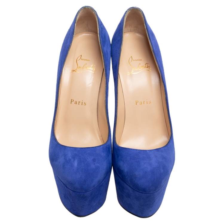 Pre Owned Christian Louboutin Blue Suede Victoria Platform Pumps Size 38.5