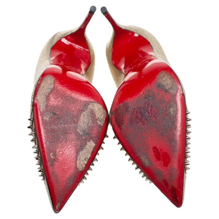 Pre Owned Christian Louboutin Gold Textured Leather Spike Bareta Pumps Size 36