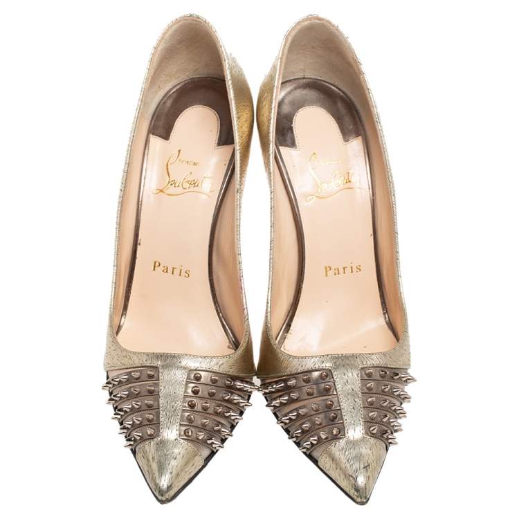 Pre Owned Christian Louboutin Gold Textured Leather Spike Bareta Pumps Size 36